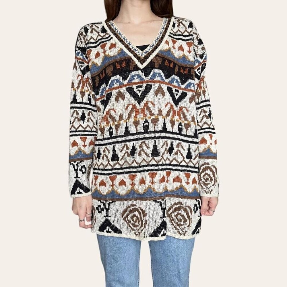 90s vintage multi-patterned neutral knit sweater Croquet Club - Medium - Picture 6 of 7